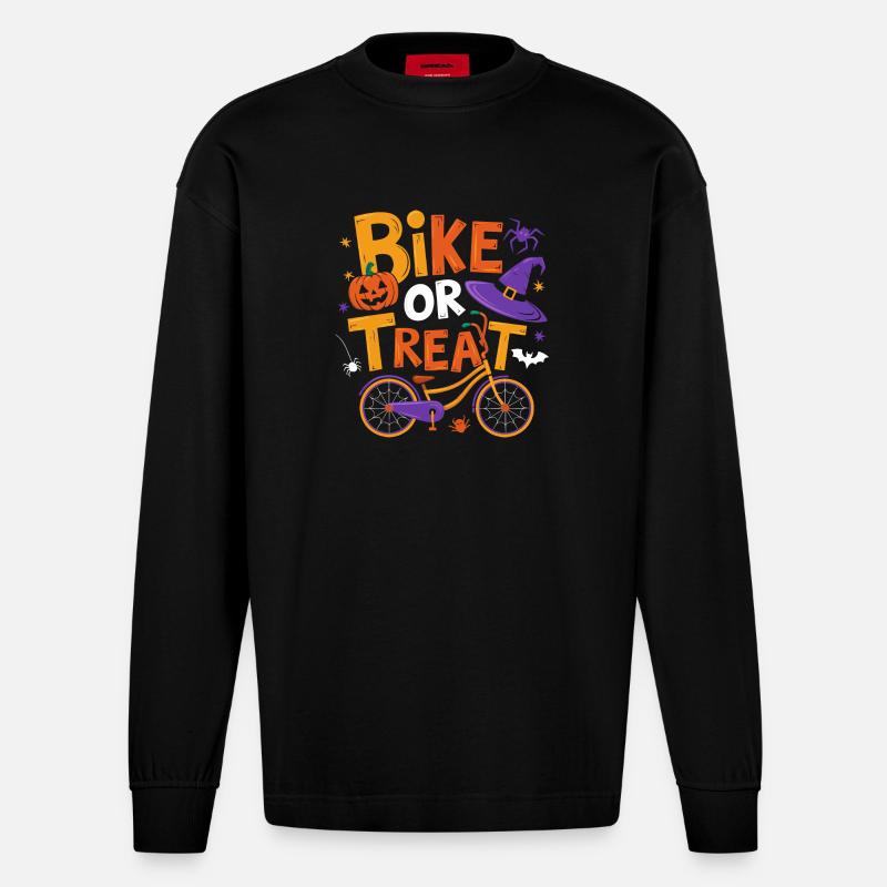 Halloween-Fahrrad oder Leckerli-Illustration - Heavyweight Oversized Organic Langarmshirt Made in EU - SOLID BLACK