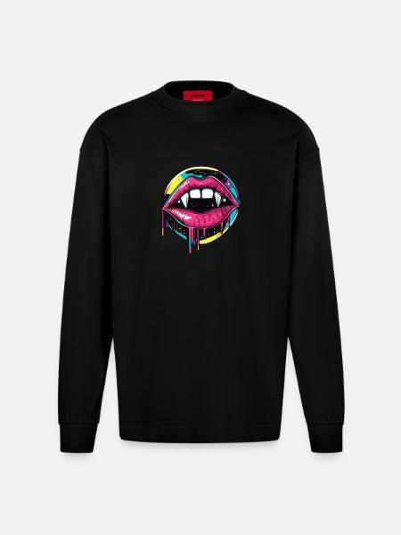 Vampire Lips Halloween 90s Vaporwave - Heavyweight Oversized Organic Longsleeve Shirt Made in EU - SOLID BLACK