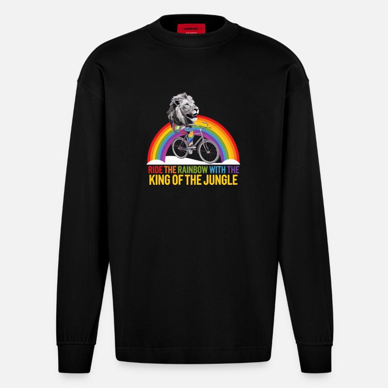 Löwe reitet Regenbogen mit Dschungeltext - Heavyweight Oversized Organic Langarmshirt Made in EU - SOLID BLACK