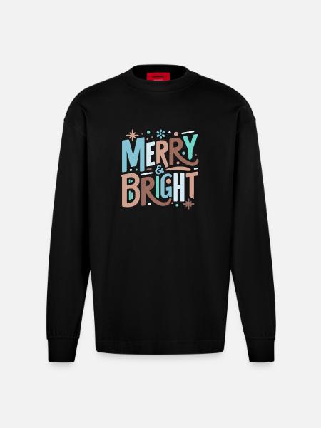 Merry & Bright Festive Typography - Heavyweight Oversized Organic Longsleeve Shirt Made in EU - SOLID BLACK