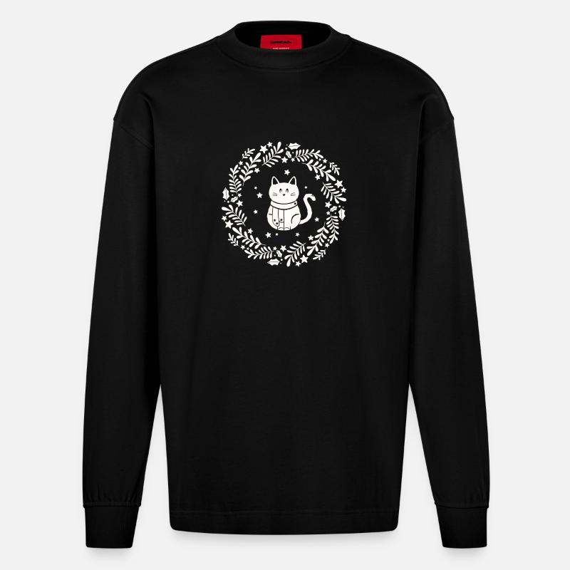 Weihnachtskranz mit süßer Katze - Heavyweight Oversized Organic Langarmshirt Made in EU - SOLID BLACK