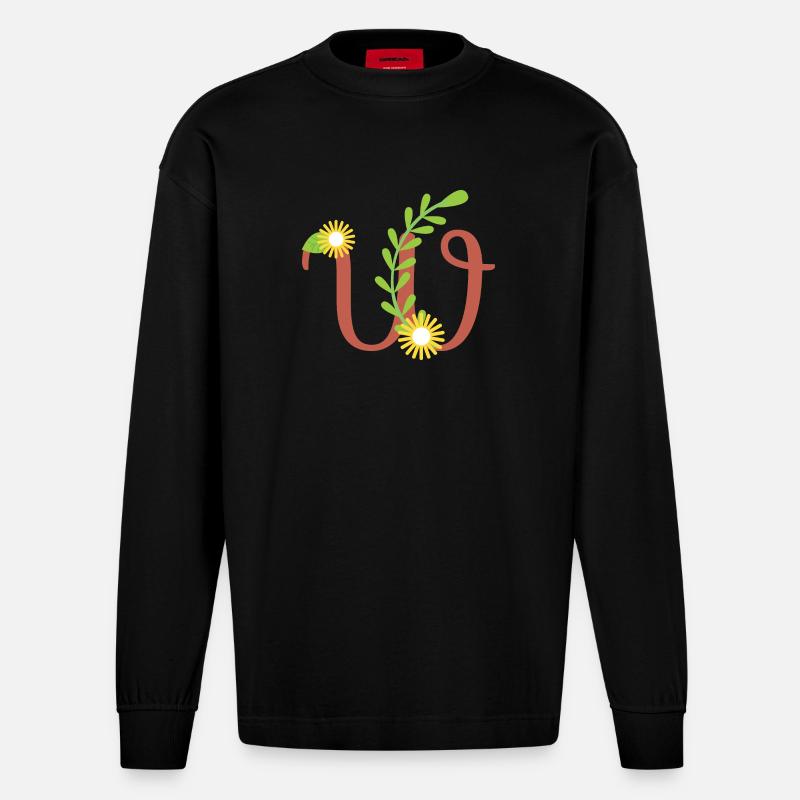 Eleganter Buchstabe 'W' mit Blumen - Heavyweight Oversized Organic Langarmshirt Made in EU - SOLID BLACK