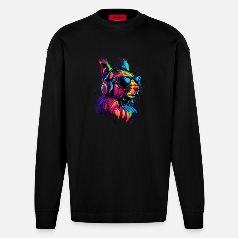 Eichhörnchen Kopfhörer Bunt Popart DJ Eichhörnchen - Heavyweight Oversized Organic Langarmshirt Made in EU - SOLID BLACK