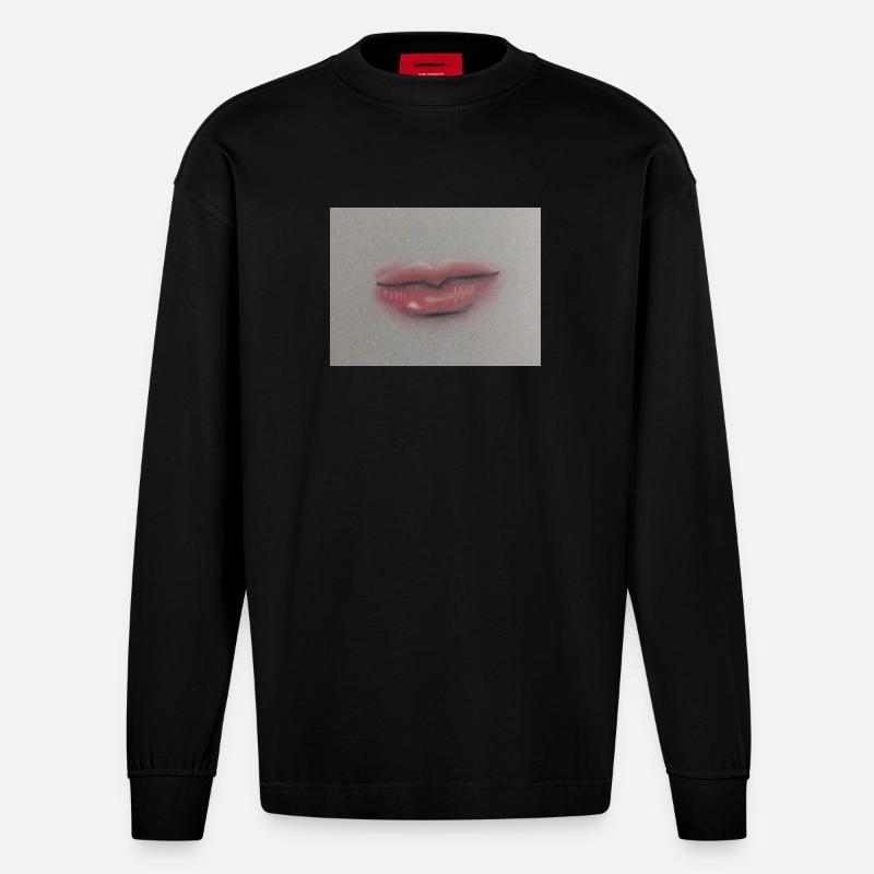 Expressive Lippenkunst auf Graufolie - Heavyweight Oversized Organic Langarmshirt Made in EU - SOLID BLACK