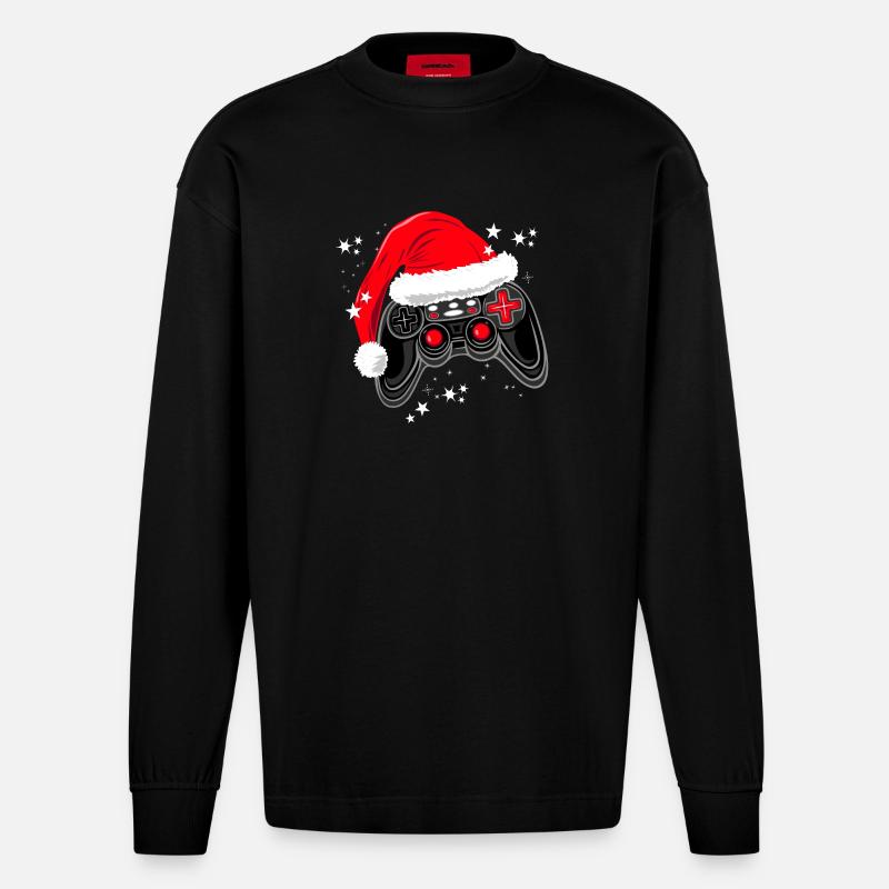 Gaming controller with Santa hat - Heavyweight Oversized Organic Longsleeve Shirt Made in EU - SOLID BLACK