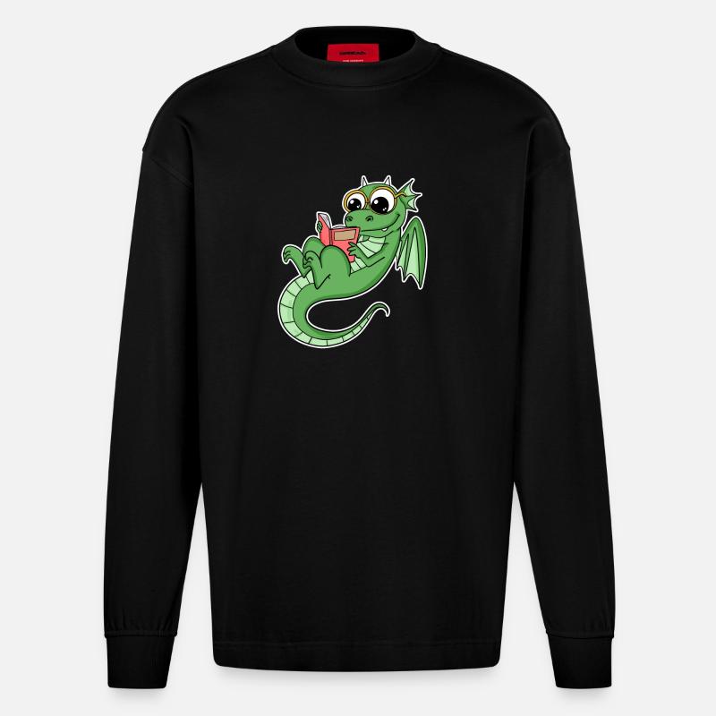Drache Bücher Buch Lesen - Heavyweight Oversized Organic Langarmshirt Made in EU - SOLID BLACK