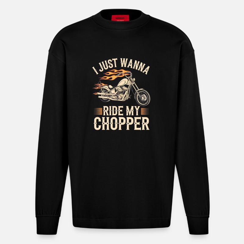 Flammender Chopper Motorrad - Heavyweight Oversized Organic Langarmshirt Made in EU - SOLID BLACK