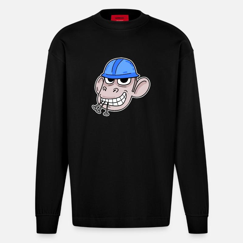 Affe Baustelle Bauarbeiter - Heavyweight Oversized Organic Langarmshirt Made in EU - SOLID BLACK