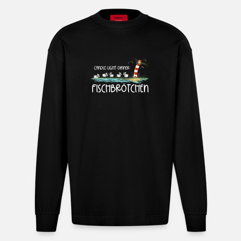Candle Light Dinner Fischbrötchen Meer Spruch - Heavyweight Oversized Organic Langarmshirt Made in EU - SOLID BLACK