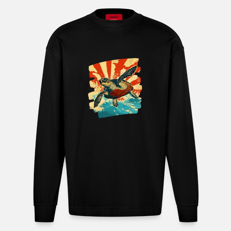 Tortue de mer rétro - Manches longues bio épais oversize fabriqué en UE - SOLID BLACK