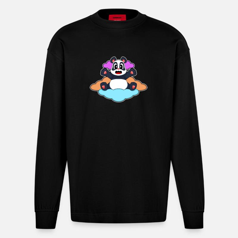 Panda Wolken - Heavyweight Oversized Organic Langarmshirt Made in EU - SOLID BLACK