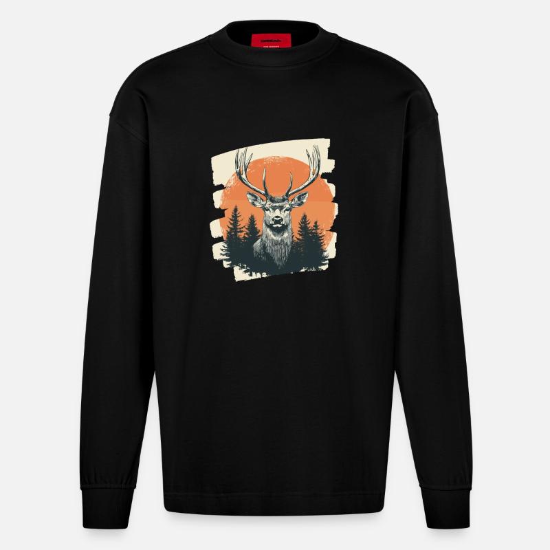 Hirsch mit Geweih - Heavyweight Oversized Organic Langarmshirt Made in EU - SOLID BLACK