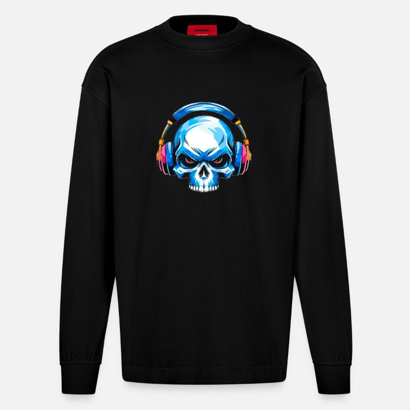 Skull mit kopfhörer - Heavyweight Oversized Organic Langarmshirt Made in EU - SOLID BLACK