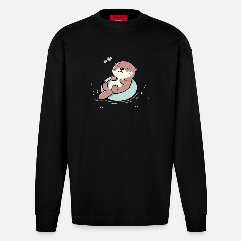 Loutre détendue - Illustration d’animal mignon - Manches longues bio épais oversize fabriqué en UE - SOLID BLACK