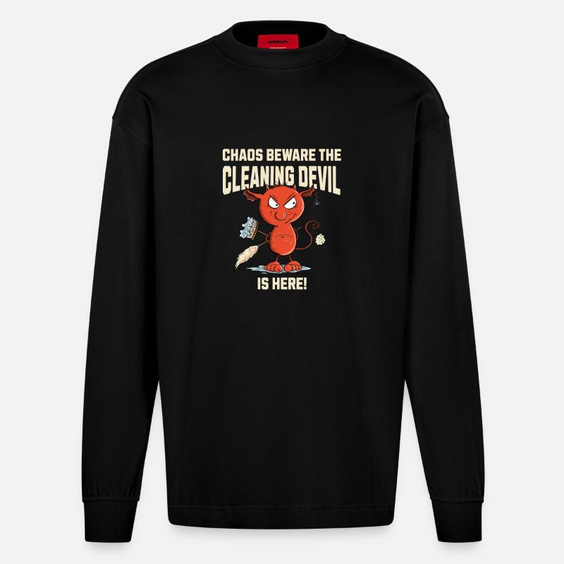 Funny Cleaning Devil Cleaning Cleaner Saying - Heavyweight Oversized Organic Longsleeve Shirt Made in EU - SOLID BLACK