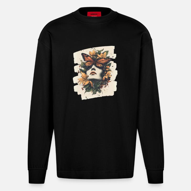 Spring Spring Beginning Flowers - Heavyweight Oversized Organic Longsleeve Shirt Made in EU - SOLID BLACK