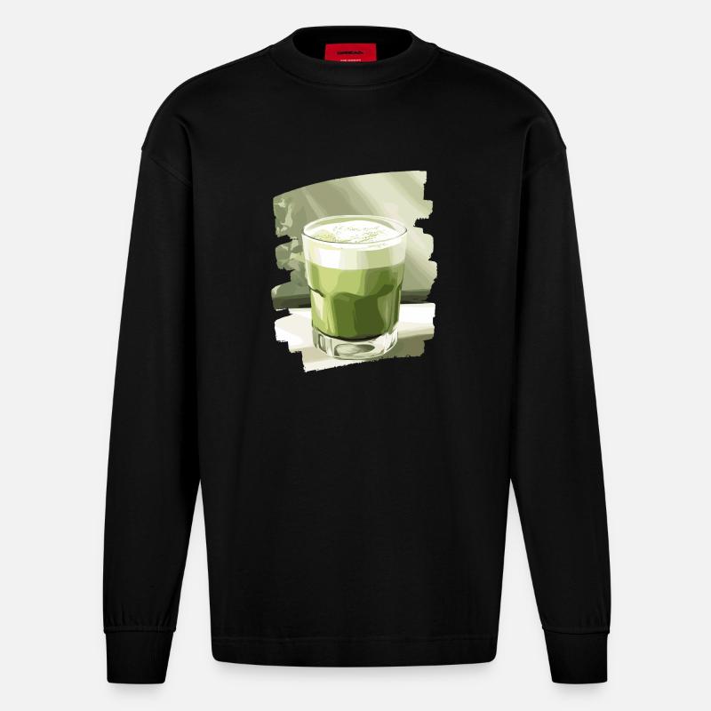 Matcha Latte Lover Thé vert - Manches longues bio épais oversize fabriqué en UE - SOLID BLACK