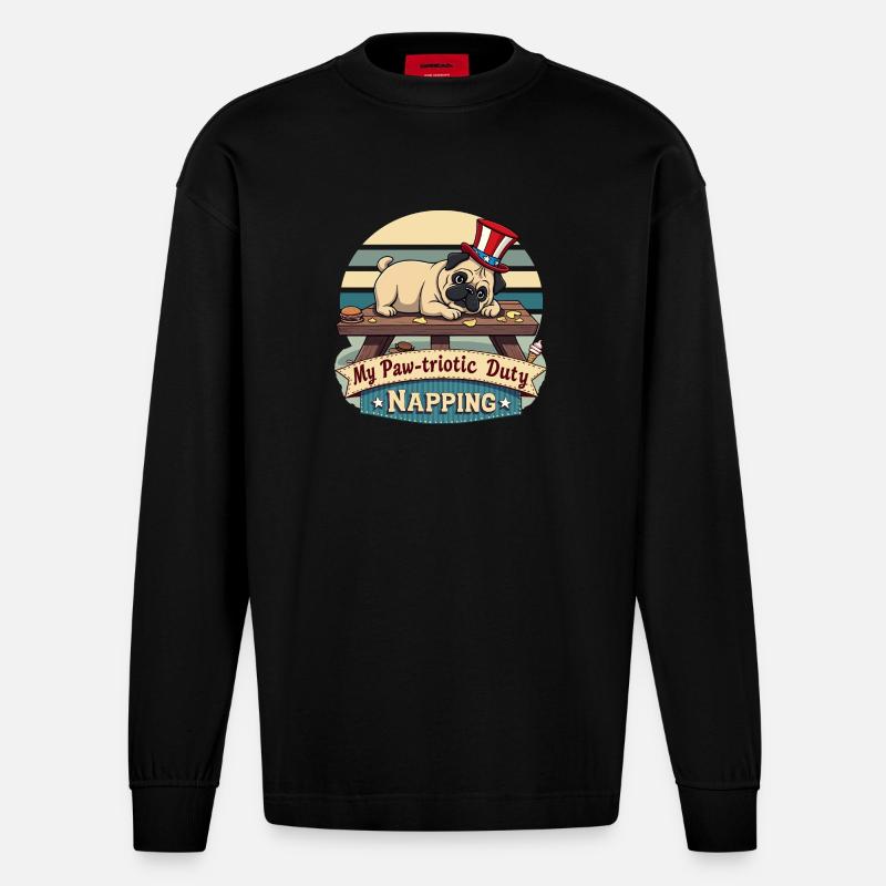 Mops Nickerchen - Heavyweight Oversized Organic Langarmshirt Made in EU - SOLID BLACK
