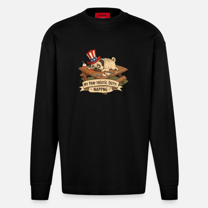 Mops Nickerchen - Heavyweight Oversized Organic Langarmshirt Made in EU - SOLID BLACK