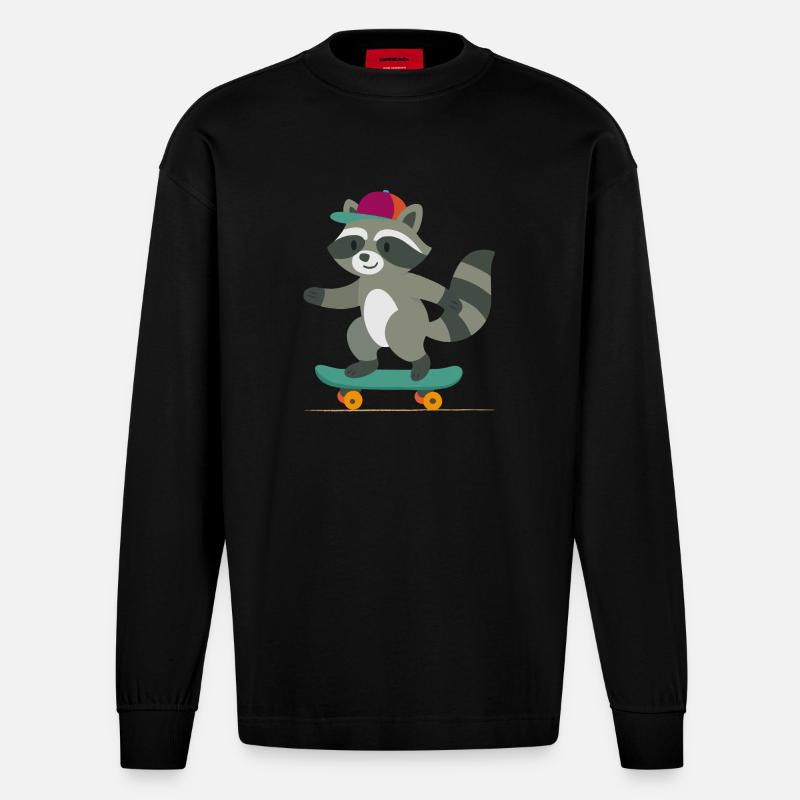 Skateboard-Waschbär mit Basecap - Heavyweight Oversized Organic Langarmshirt Made in EU - SOLID BLACK