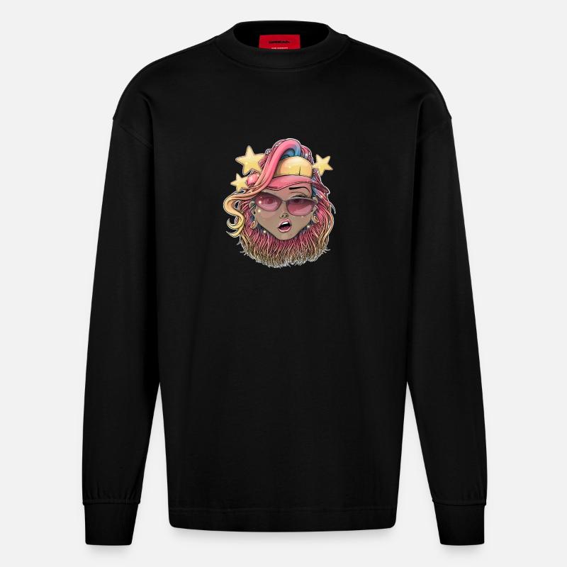 Lebendiges Sternenstrand-Babe-Illustration - Heavyweight Oversized Organic Langarmshirt Made in EU - SOLID BLACK