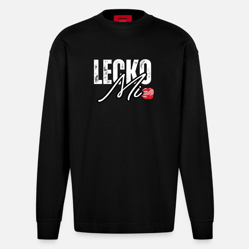 Lederoptik mit Lippenakzent - Heavyweight Oversized Organic Langarmshirt Made in EU - SOLID BLACK