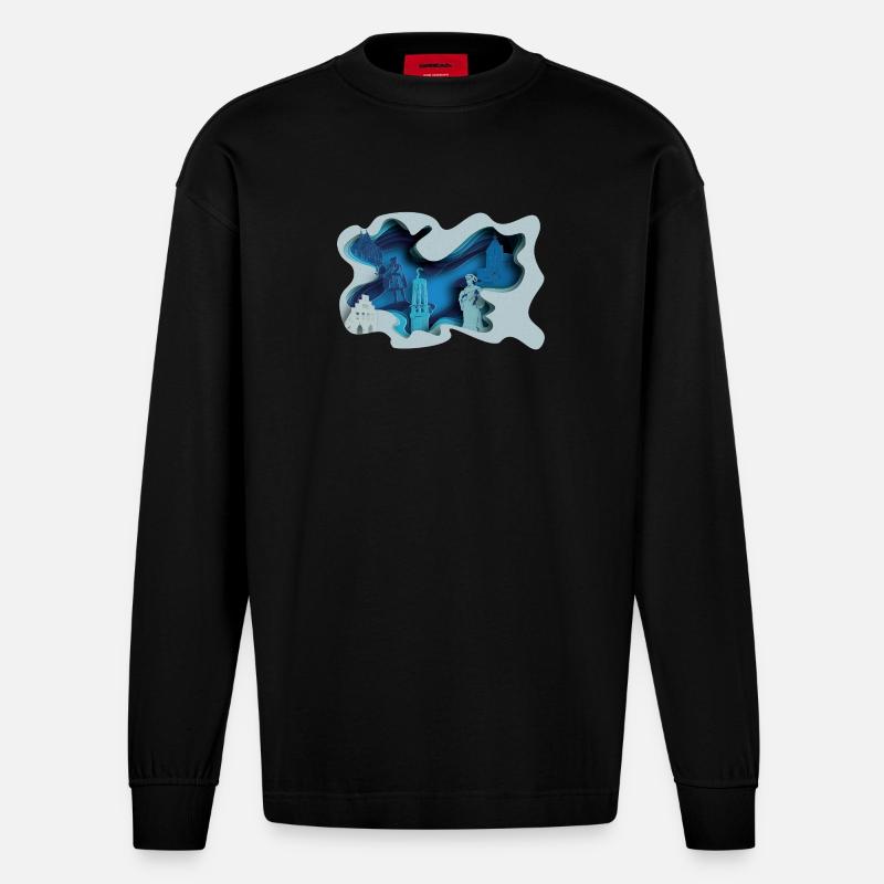 Moers Stadtsilhouette in Hydrographik-Optik - Heavyweight Oversized Organic Langarmshirt Made in EU - SOLID BLACK