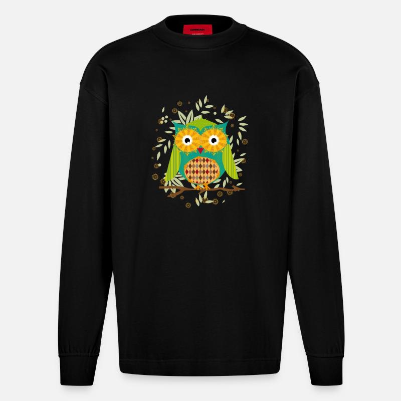 kunstvoll gestaltete Eule mit Patchwork-Muster - Heavyweight Oversized Organic Langarmshirt Made in EU - SOLID BLACK