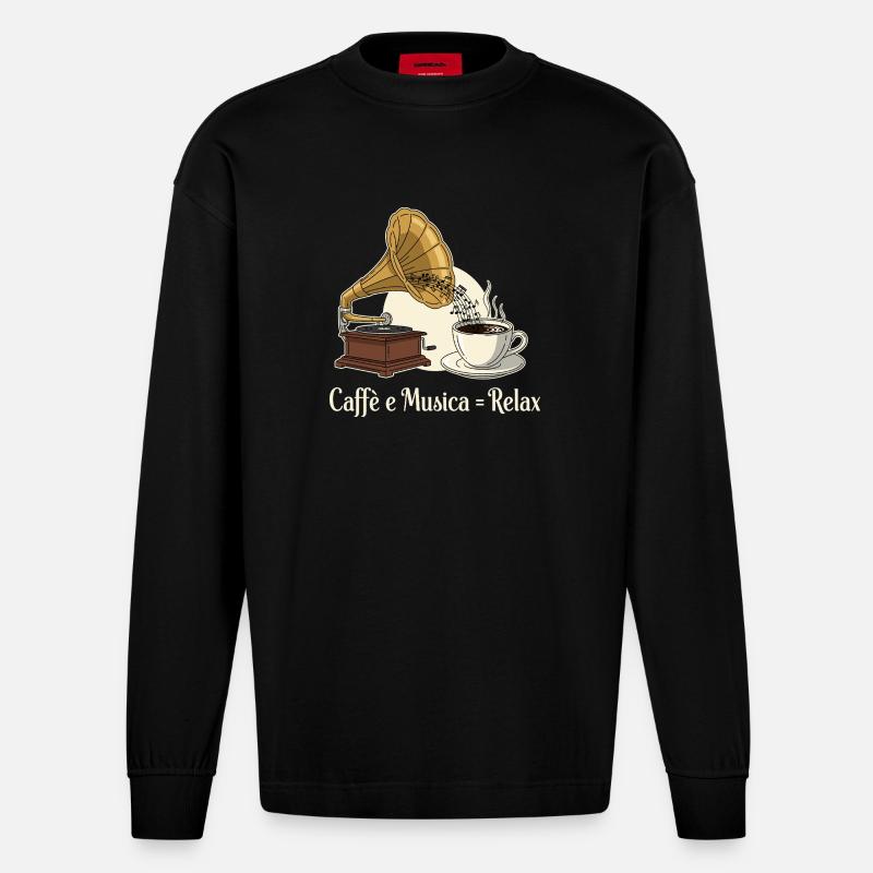 Caffè e Musica = Se détendre - Manches longues bio épais oversize fabriqué en UE - SOLID BLACK
