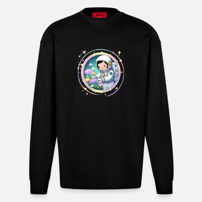 Astronautenmädchen mit Pilzen – Süßes Space-Design - Heavyweight Oversized Organic Langarmshirt Made in EU - SOLID BLACK