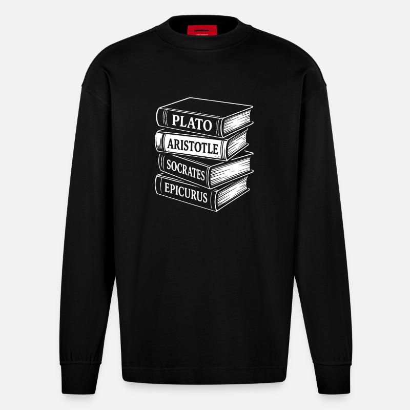 Classical Philosophers Book Stack Design - Heavyweight Oversized Organic Longsleeve Shirt Made in EU - SOLID BLACK