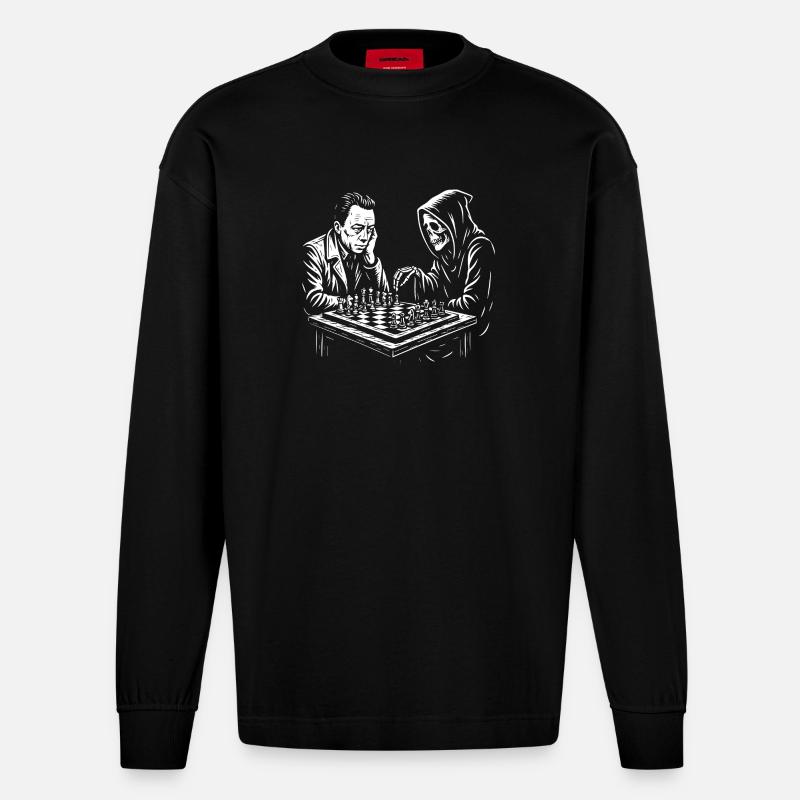 Albert Camus spielt Schach mit Sensenmann - Heavyweight Oversized Organic Langarmshirt Made in EU - SOLID BLACK