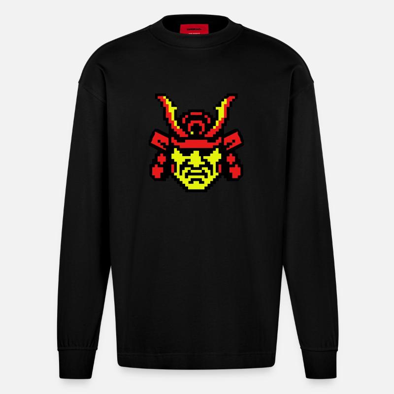 Pixel Samurai 8bit - Heavyweight Oversized Organic Langarmshirt Made in EU - SOLID BLACK