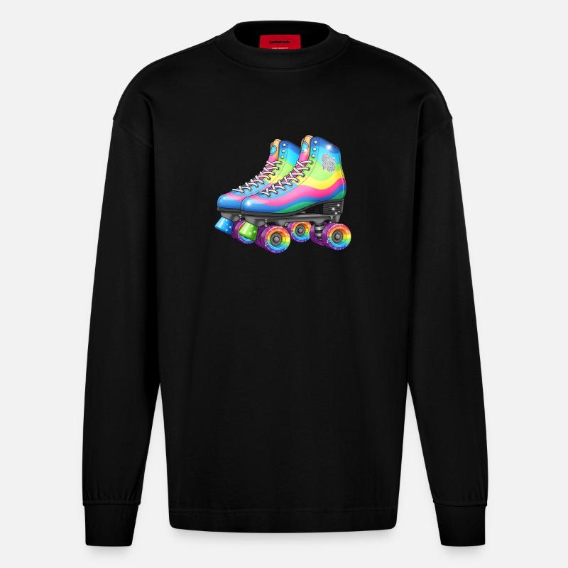 Rainbow Roller Skates Retro Disco Style - Heavyweight Oversized Organic Langarmshirt Made in EU - SOLID BLACK