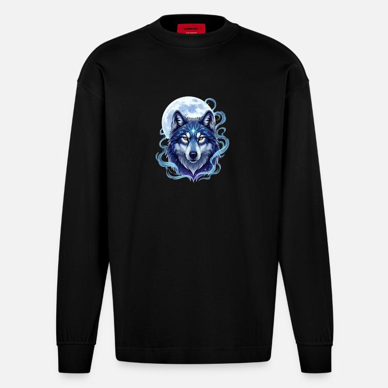 Mystischer Wolf mit Mondschein-Hintergrund - Heavyweight Oversized Organic Langarmshirt Made in EU - SOLID BLACK