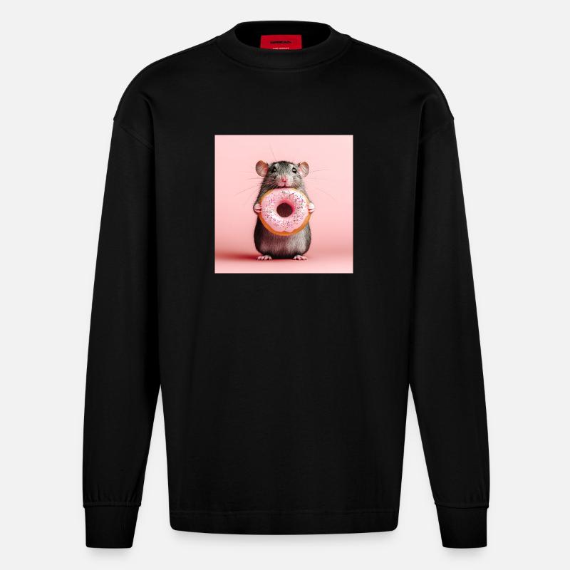 Süße Maus mit buntem Donut - Heavyweight Oversized Organic Langarmshirt Made in EU - SOLID BLACK