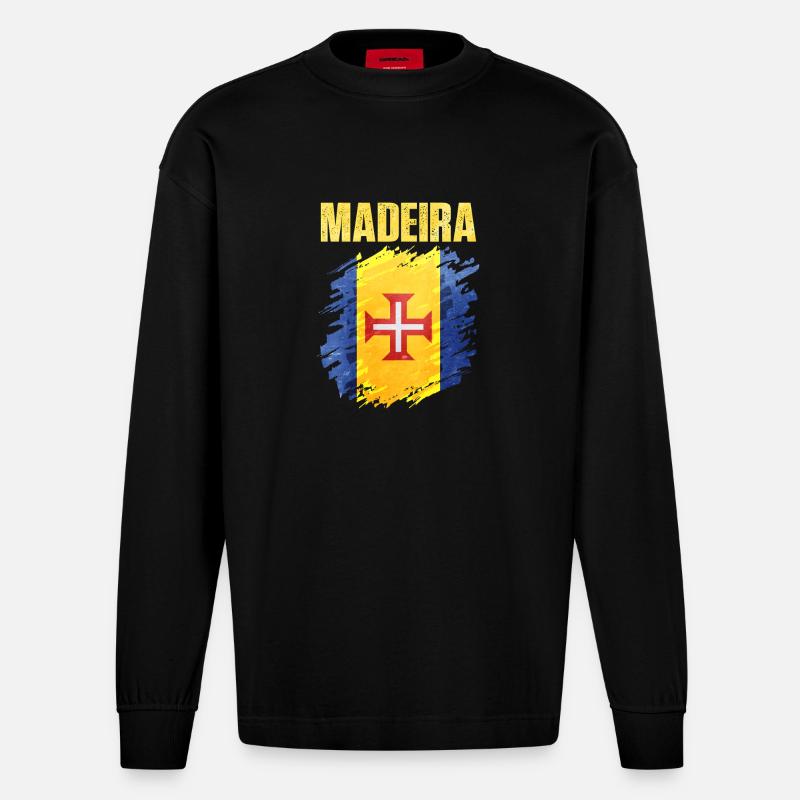 Madeira Flag Inspired Artistic Design - Heavyweight Oversized Organic Langarmshirt Made in EU - SOLID BLACK