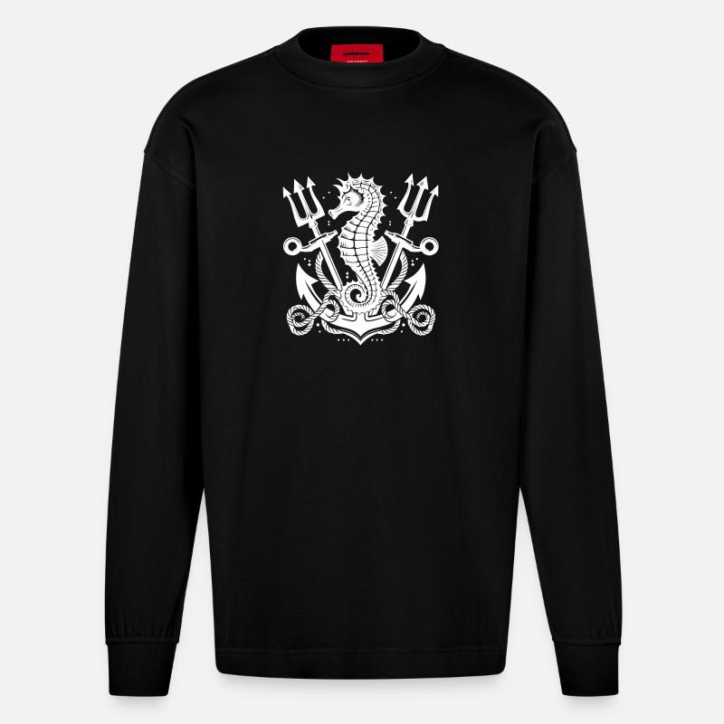 Seepferdchen mit Anker und Dreizack - Heavyweight Oversized Organic Langarmshirt Made in EU - SOLID BLACK