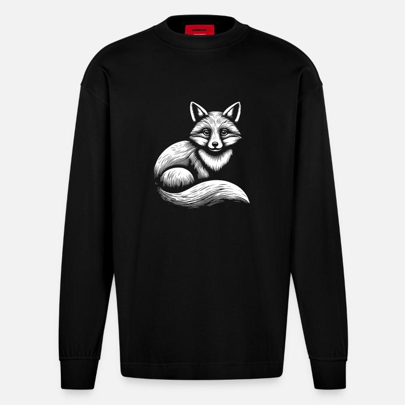 Fuchs Illustration in Schwarz-Weiß - Heavyweight Oversized Organic Langarmshirt Made in EU - SOLID BLACK