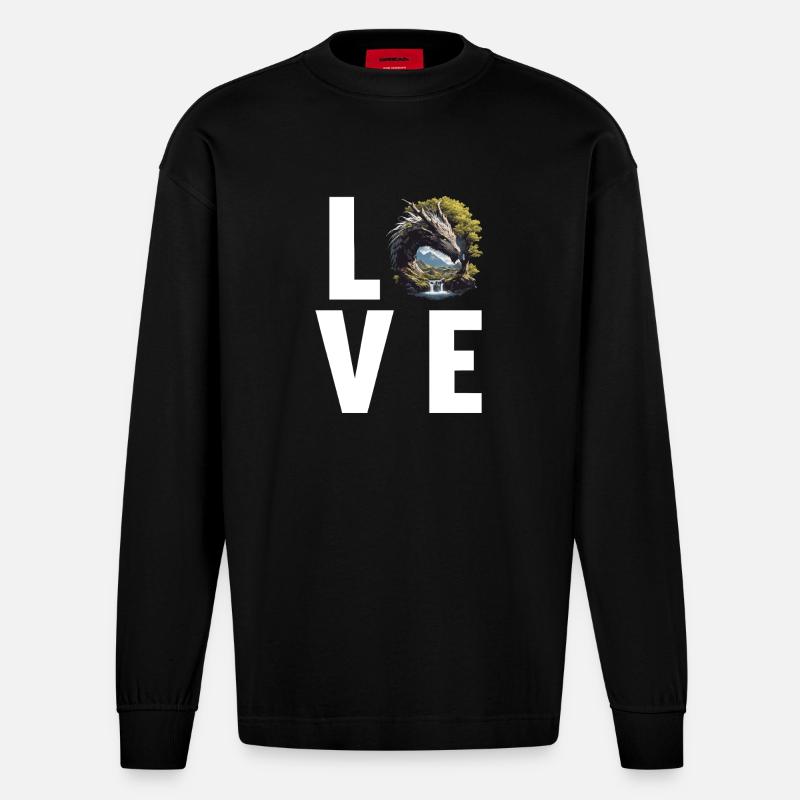 Drachen Drache - Heavyweight Oversized Organic Langarmshirt Made in EU - SOLID BLACK