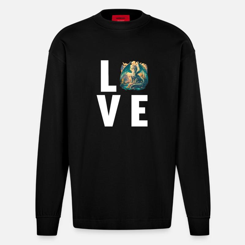Drachen Drache - Heavyweight Oversized Organic Langarmshirt Made in EU - SOLID BLACK