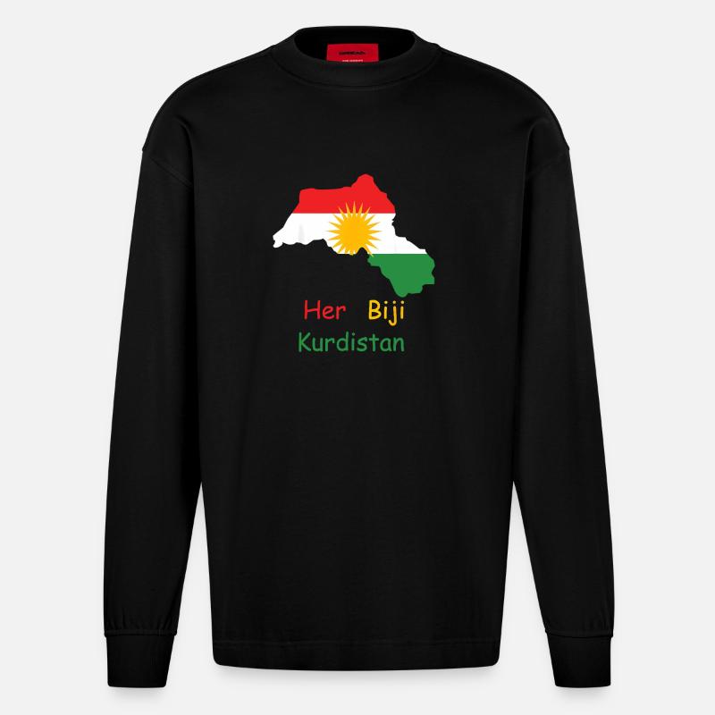 Drapeau du Kurdistan avec soleil kurde - Manches longues bio épais oversize fabriqué en UE - SOLID BLACK