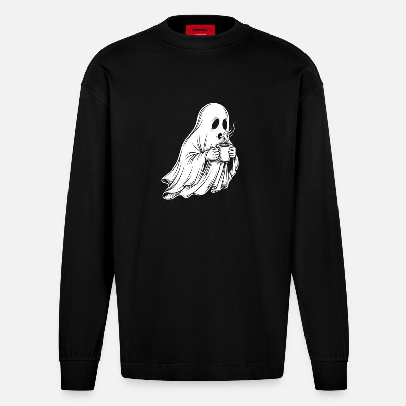 Geist mit Kaffeetasse Illustration - Heavyweight Oversized Organic Langarmshirt Made in EU - SOLID BLACK