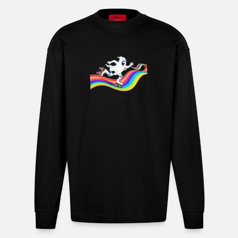 Geist beim Rollschuhlaufen auf Regenbogenbahn - Heavyweight Oversized Organic Langarmshirt Made in EU - SOLID BLACK