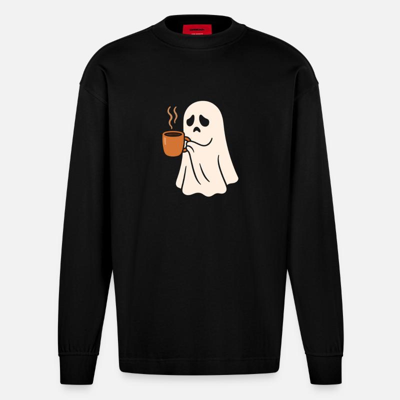 Schauriges Geist mit Kaffeetasse - Heavyweight Oversized Organic Langarmshirt Made in EU - SOLID BLACK