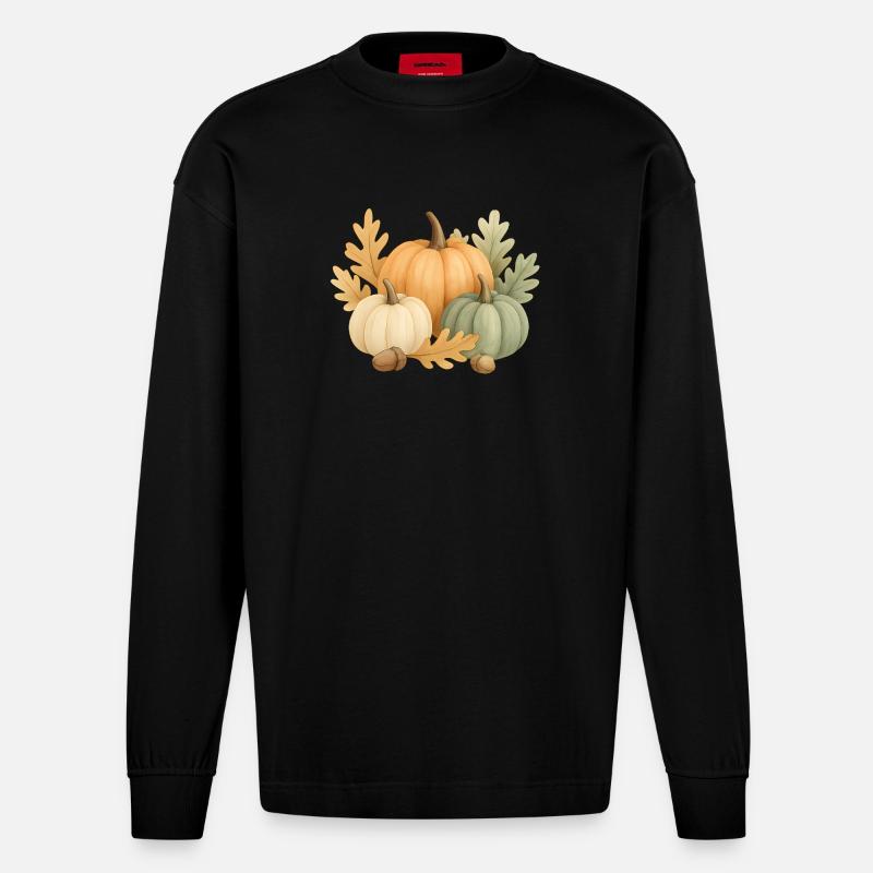  Kürbisse, Eichenlaub & Eicheln - Heavyweight Oversized Organic Langarmshirt Made in EU - SOLID BLACK