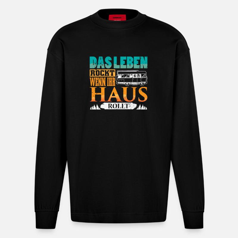 Camper Camping Wohnwagen Spruch - Heavyweight Oversized Organic Langarmshirt Made in EU - SOLID BLACK