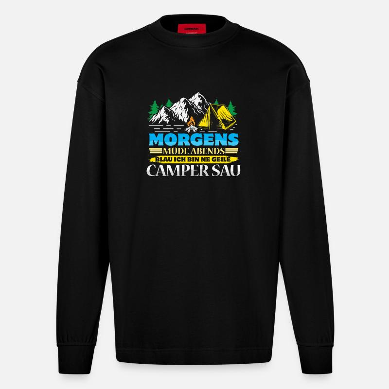 Camper Camping Wohnwagen Spruch - Heavyweight Oversized Organic Langarmshirt Made in EU - SOLID BLACK