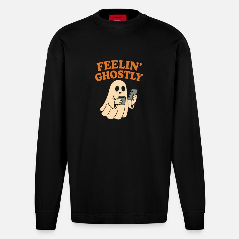 Felling Ghostly Design mit Smartphone - Heavyweight Oversized Organic Langarmshirt Made in EU - SOLID BLACK