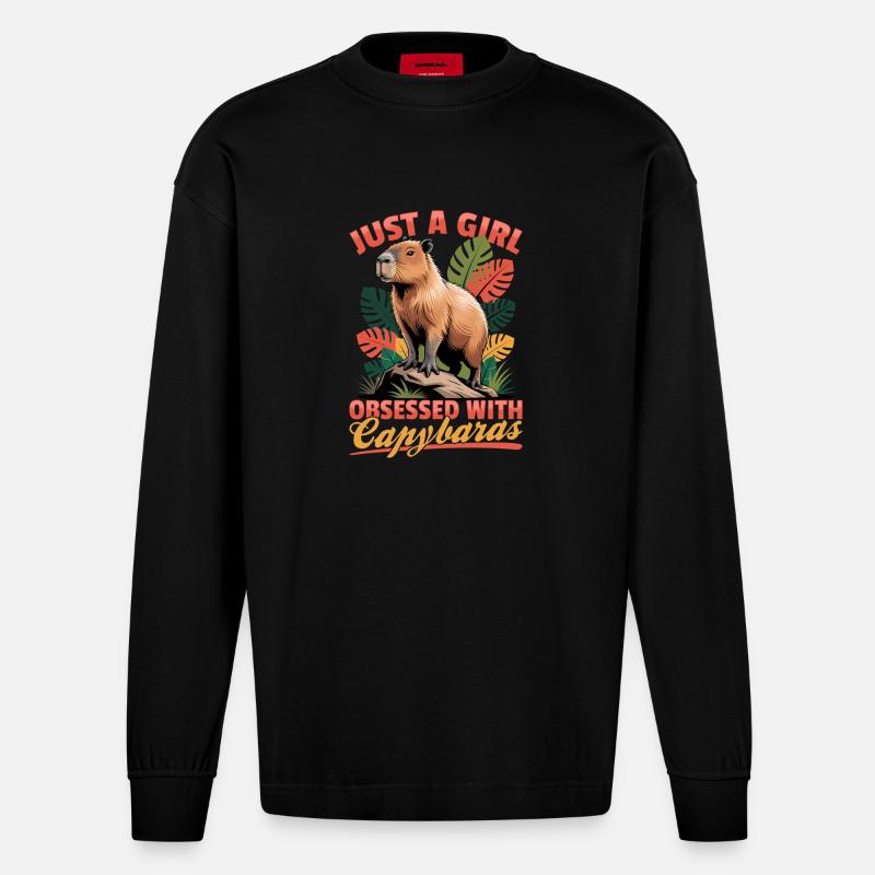 Funny Capybara - Heavyweight Oversized Organic Langarmshirt Made in EU - SOLID BLACK